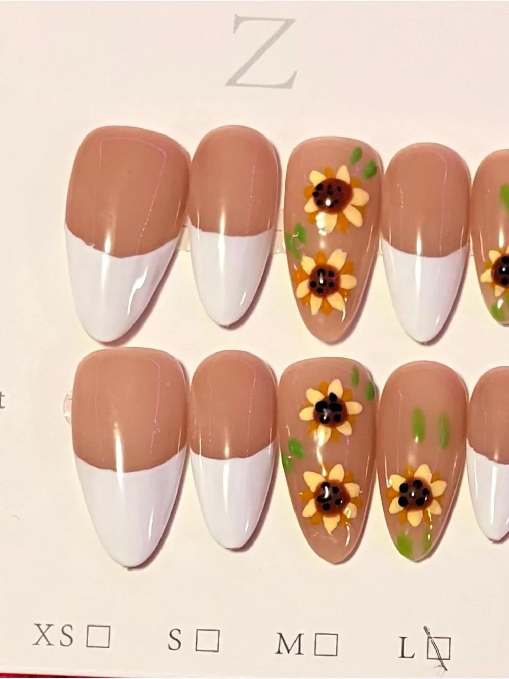 Nude & White French Tip Press-On Nails with Sunflower Accent